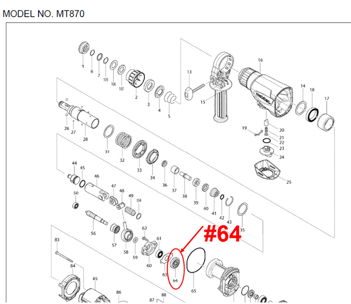 เฟือง สว่านโรตารี่ มาคเทค Maktec , Makita มากีต้า MT870, MT871, M8701, M8701B [#64] Pn.227748-1(แท้)