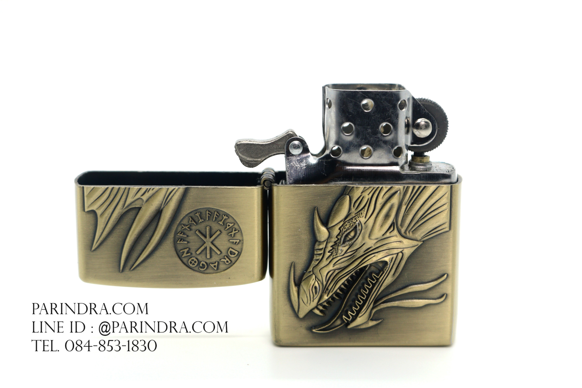 ไฟแช็คน้ำมัน ลายนูน รูปหัวมังกร บอดี้สีทองเหลือง