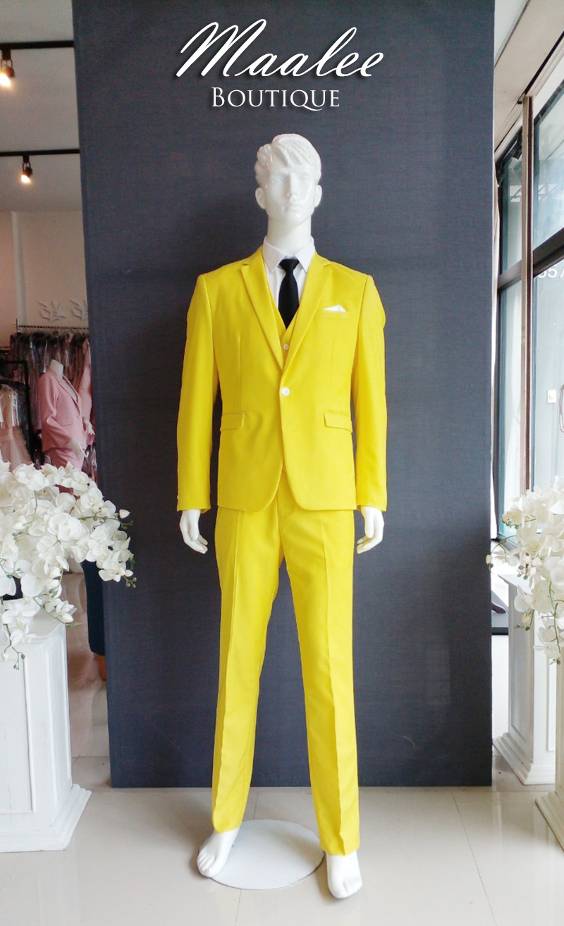 พร้อมเช่า ชุดสูทชาย สีเหลือง Bright Yellow 3-piece Suit พร้อมเสื้อกั๊ก