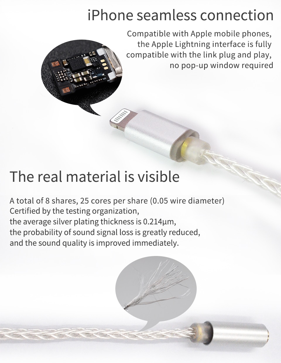 ขาย KZ Lightning to 3.5mm สายทองแดง OFC ชุบเงินถัก