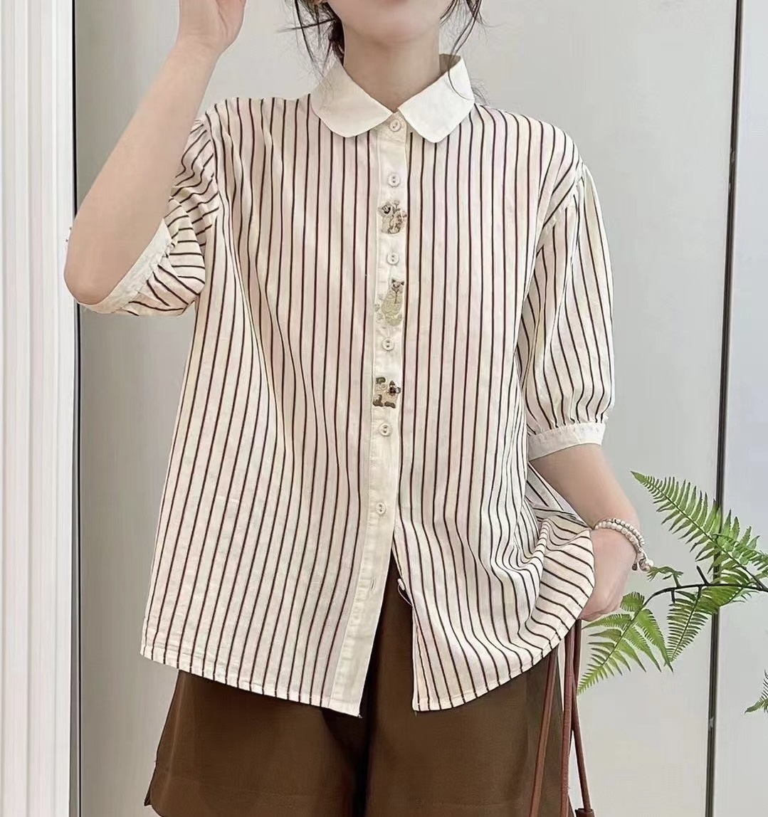เสื้อเชิ้ตแขนสั้นผ้าฝ้ายลายริ้ว