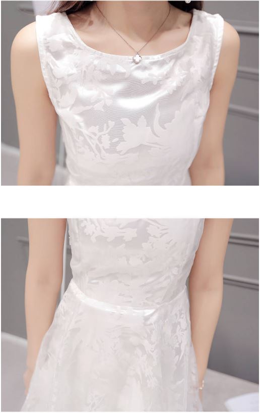 Pre-order เดรสขาว พรีเวดดิ้ง หน้าสั้นหลังยาว แขนกุด ลายดอกไม้ เรียบหรู