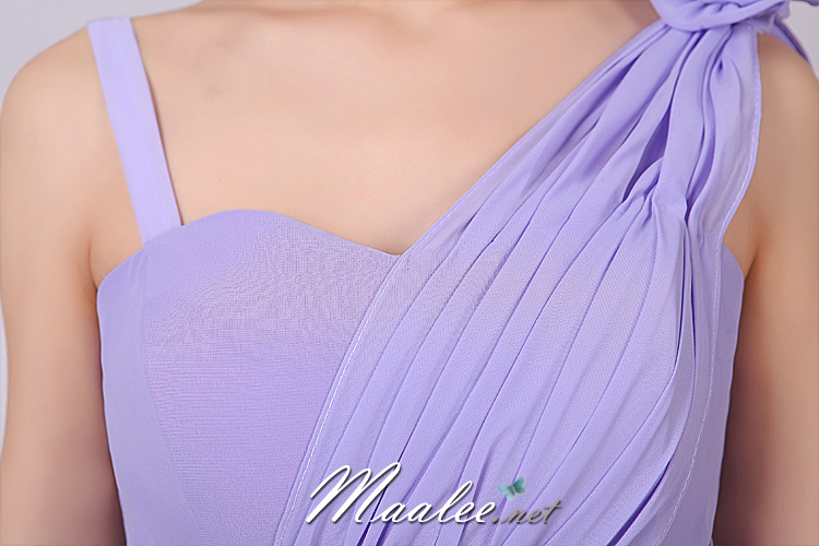 พร้อมส่ง ชุดราตรีสั้น เกาะอก ไหล่เดียว สีม่วง Lavender คาดผ้าจับเดรป ทิ้งชายด้านหลัง