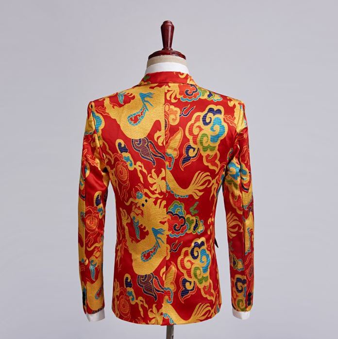 พร้อมเช่า ชุดสูทจีนชาย โทนสีส้มแดง ทอลายในเนื้อผ้า แบบหรูหรา สไตล์จีน