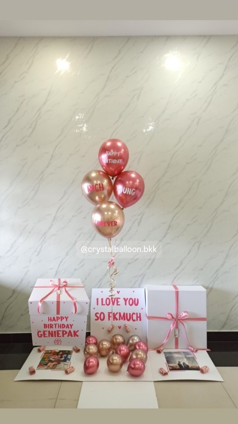 Happy Birthday Surprised Box กล่องเซอร์ไพรส์ พร้อม ลูกโป่ง 4 ลูก พร้อมตกเเต่ง สามารถใส่รูปได้ 2 ใบ สามารถเปลี่ยนสีลูกโป่ง/เปลี่ยนสีข้อความได้