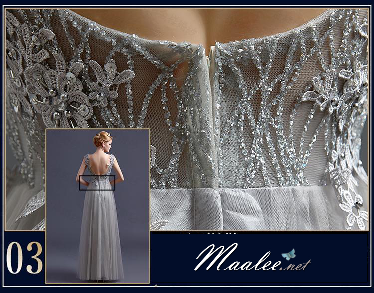 พร้อมเช่า ชุดราตรียาว แบบแขนกุด ช่วงอกปักลูกไม้แต่งลูกปัดหรู ตัวกระโปรงยาวผ้าตาข่าย สวยพริ้ว สีเทา