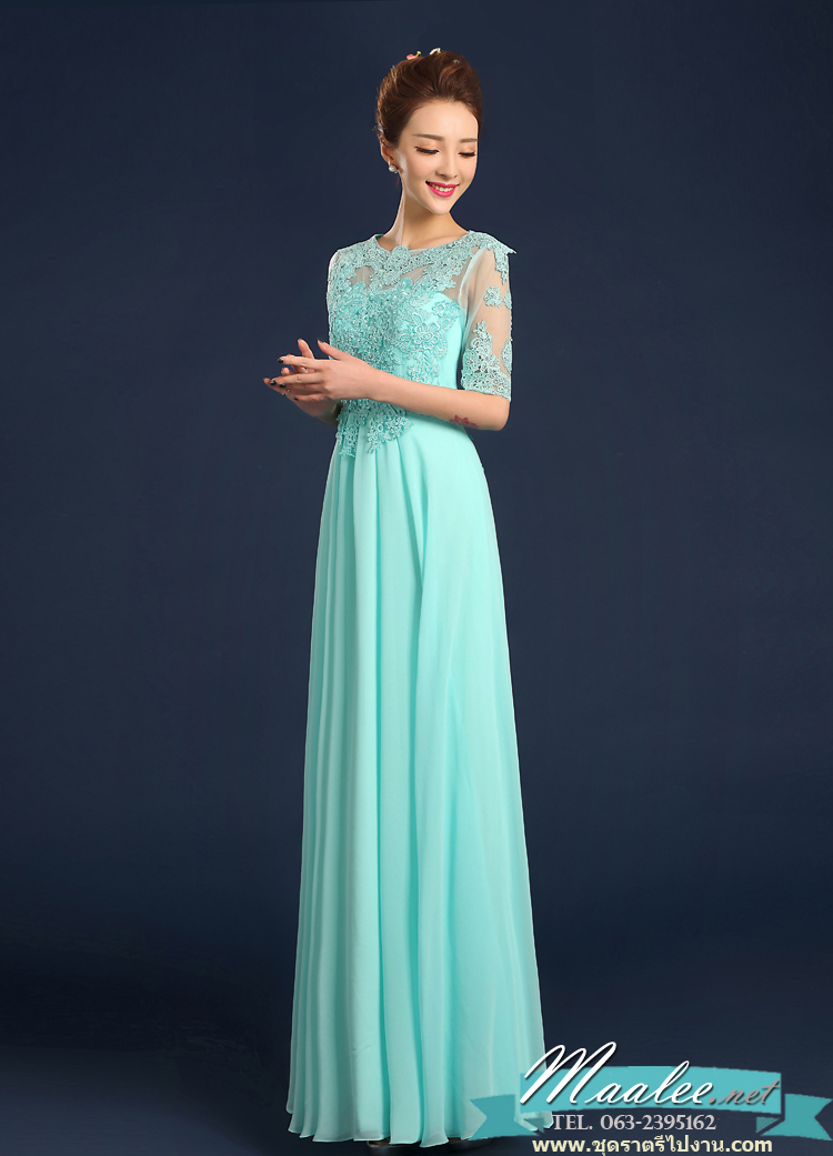 พร้อมเช่า ชุดราตรียาว/แขนสี่ส่วน สีฟ้า ช่วงอกเป็นลูกไม้ แขน-ด้านหลังซีทรู เรียบหรู กระโปรงผ้าชีฟอง (ซิปหลัง)