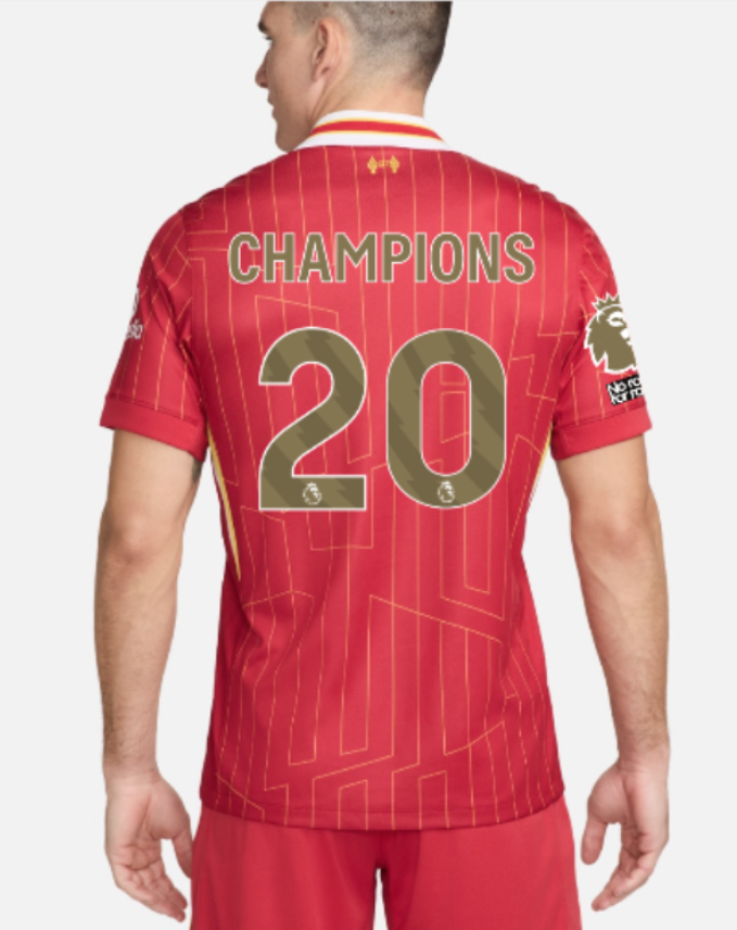 เสื้อลิเวอร์พูลแชมป์พรีเมียร์ลีก 2024/25 รุ่นแฟนบอล อาร์มทองพรีเมียร์ลีก no room for racism ด้านหลัง CHAMPIONS 20 ของแท้