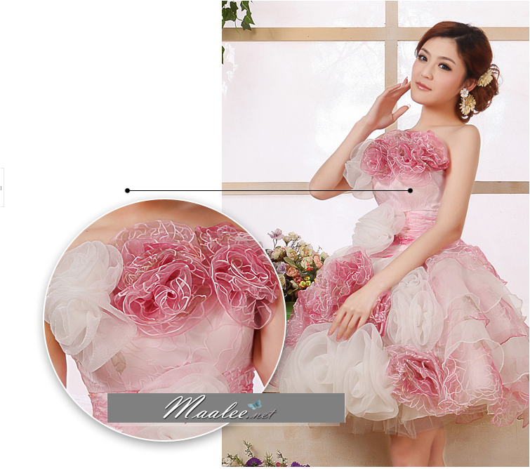 พร้อมเช่า ชุดแฟนซี เช่า 500 ชุดราตรีสั้น เกาะอก สีกุหลาบแต่งดอกไม้สามมิติ พองฟูน่ารักมาก