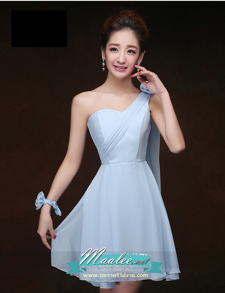 พร้อมเช่า ชุดราตรีสั้น สีฟ้าอ่อน ชุดเพื่อนเจ้าสาว Blue-001D