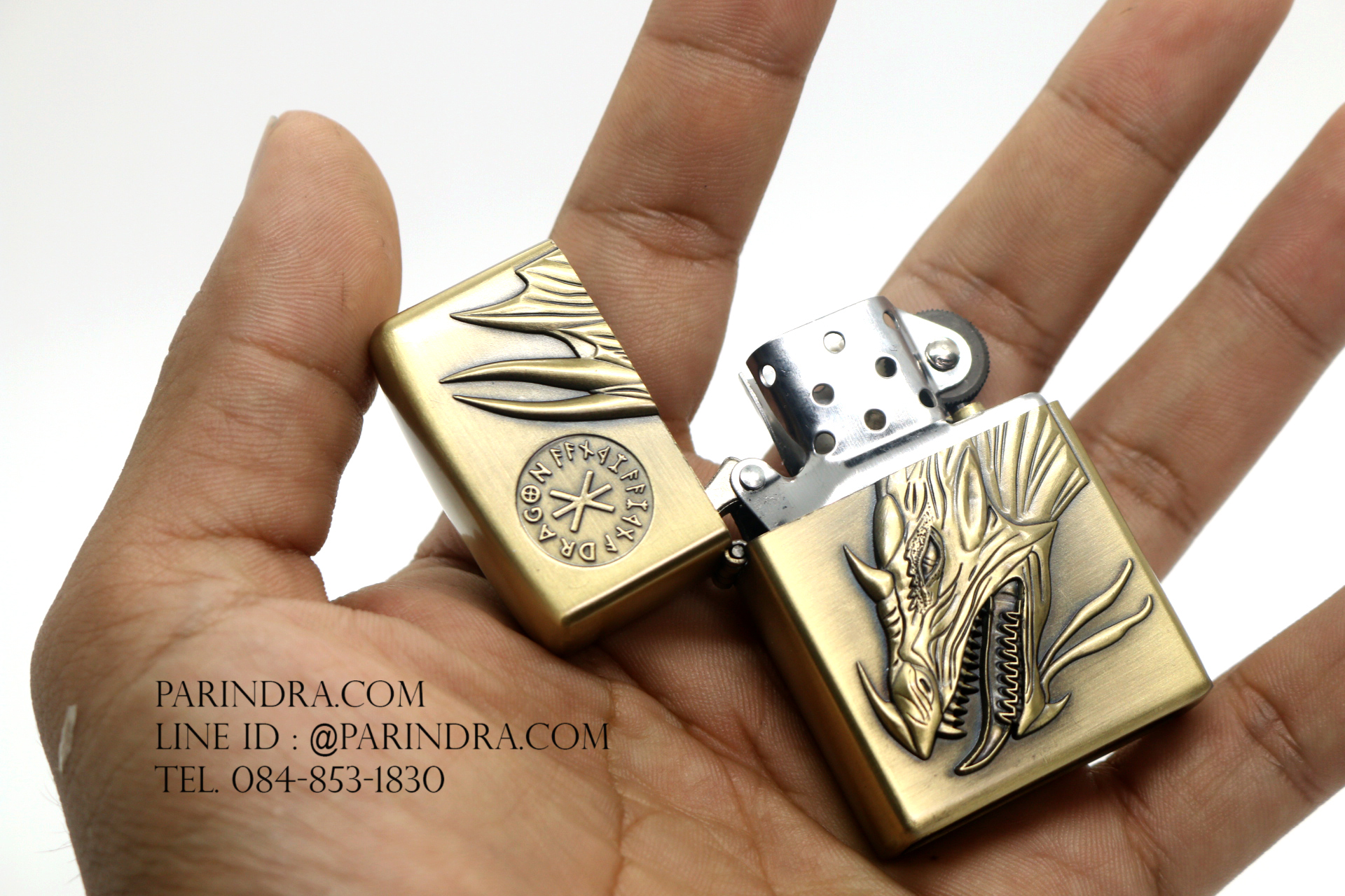 ไฟแช็คน้ำมัน ลายนูน รูปหัวมังกร บอดี้สีทองเหลือง