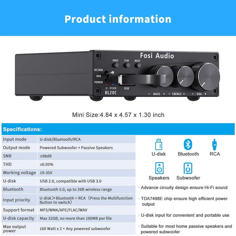 Fosi Audio BL20C Bluetooth Receiver Amplifier ClassD ชิป TDA7498E ประกันศูนย์ไทย