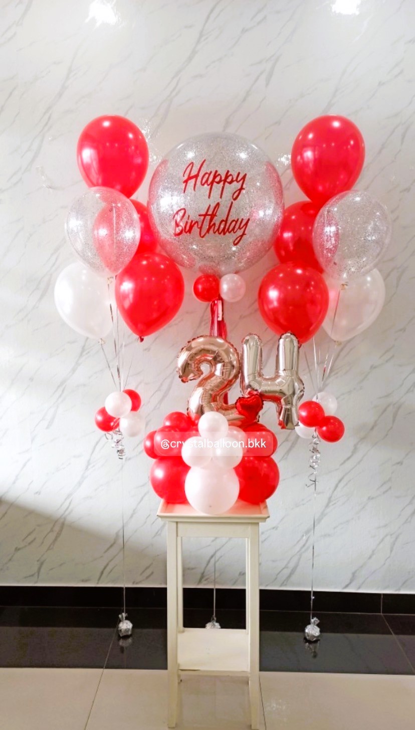 ลูกโป่ง วันเกิด Bubble ขนาด 24" กลิตเตอร์สีเงิน 1 ลูก พร้อม ลูกโป่ง ช่อ 5 ลูก 2 ช่อ,ฟอยล์ตัวเลข 16" ตั้งฐาน 1 ชิ้น พร้อมตกแต่ง สามารถเปลี่ยนสีลูกโป่ง/เปลี่ยนข้อความได้