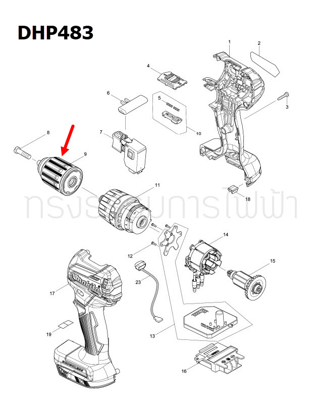หัวจับดอก ไขควงกระเเทกไร้สาย Makita มากีต้า DHP483, DDF483, DDF483 RFE Pn.763241-6 (แท้) ##(**)