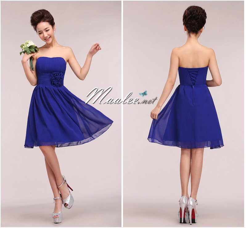 พร้อมส่ง ชุดราตรีสั้น แบบเกาะอก ผ้าชีฟอง ช่วงอกอัดพลีท แต่งดอกที่เอว สีน้ำเงิน