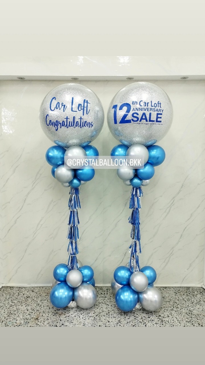 เสาลูกโป่ง เปิดงาน Bubble ขนาด 36" กลิตเตอร์สีเงิน 2 เสา Theme สีน้ำเงินโครเมี่ยม-เงินโครเมี่ยม พร้อมตกแต่ง สามารถเปลี่ยนสีลูกโป่ง/เปลี่ยนข้อความได้