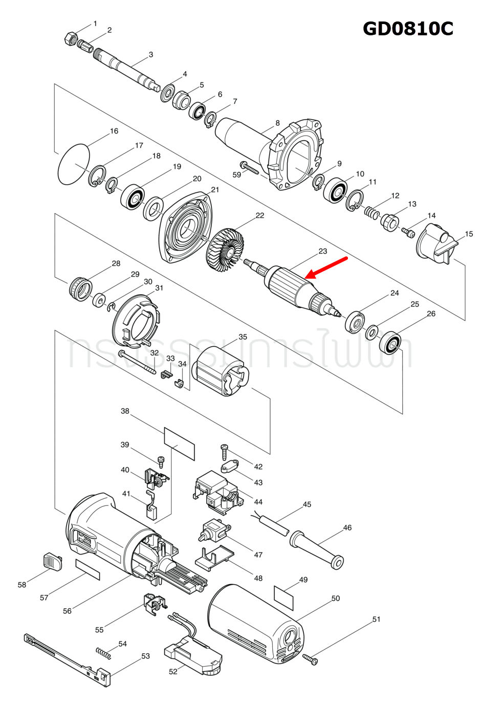 ทุ่น เจียร์แกนไฟฟ้า Makita มากีต้า GD0810C (แท้) ##