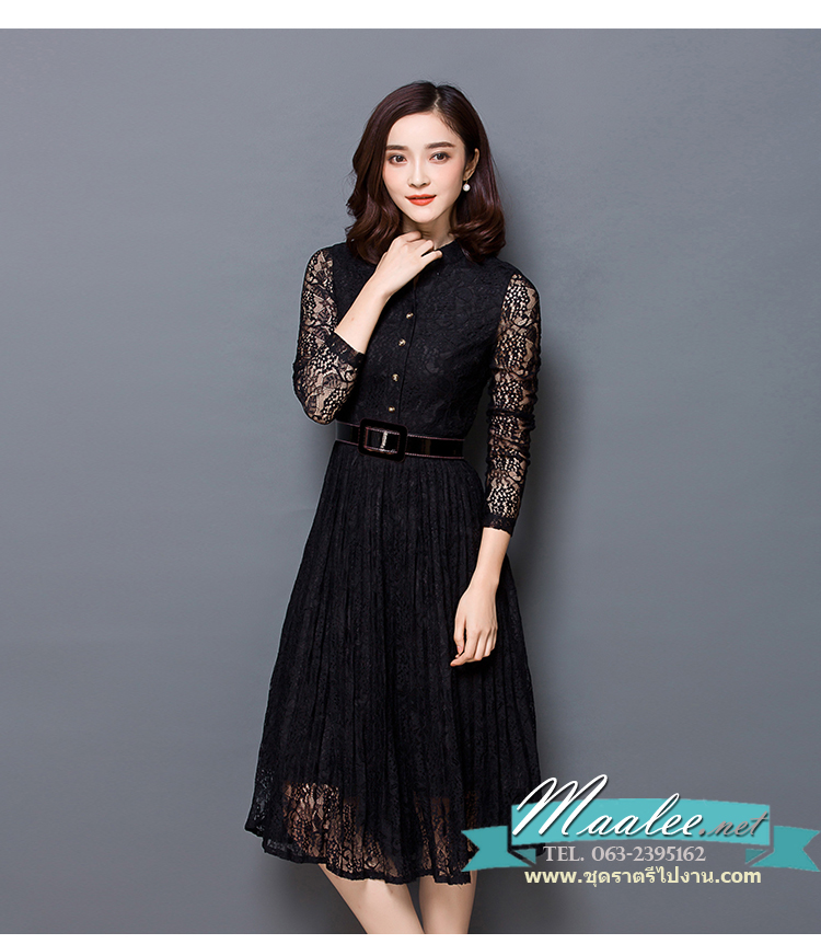 พร้อมส่ง ชุดเดรส/ชุดออกงาน/ชุดทำงาน สีดำ ลูกไม้ แขนยาว แต่งกระดุม มาพร้อมเข็มขัดสีแดง (ซิปข้างลำตัว) ** มีเฉพาะไซส์ 2XL , L **