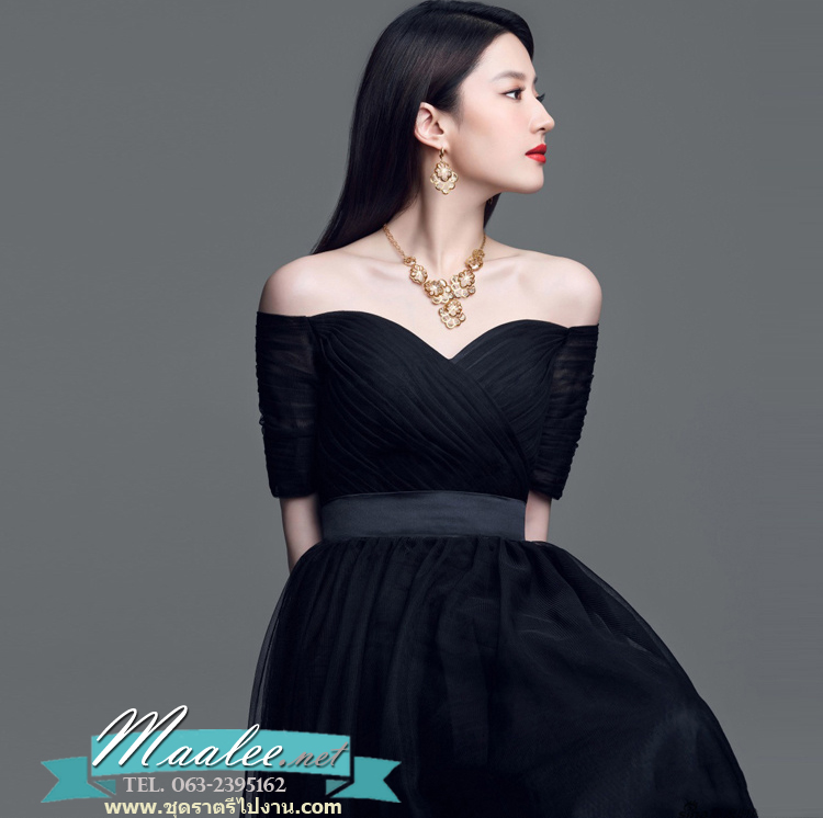 พร้อมเช่า ชุดราตรียาว & แบบปาดไหล่ สีดำ กระโปรงผ้าโปร่งตาข่ายนิ่ม ใส่สบายตัว อกจับจีบ ผ้าซาตินคาดเอว (เชือกผูกหลัง)