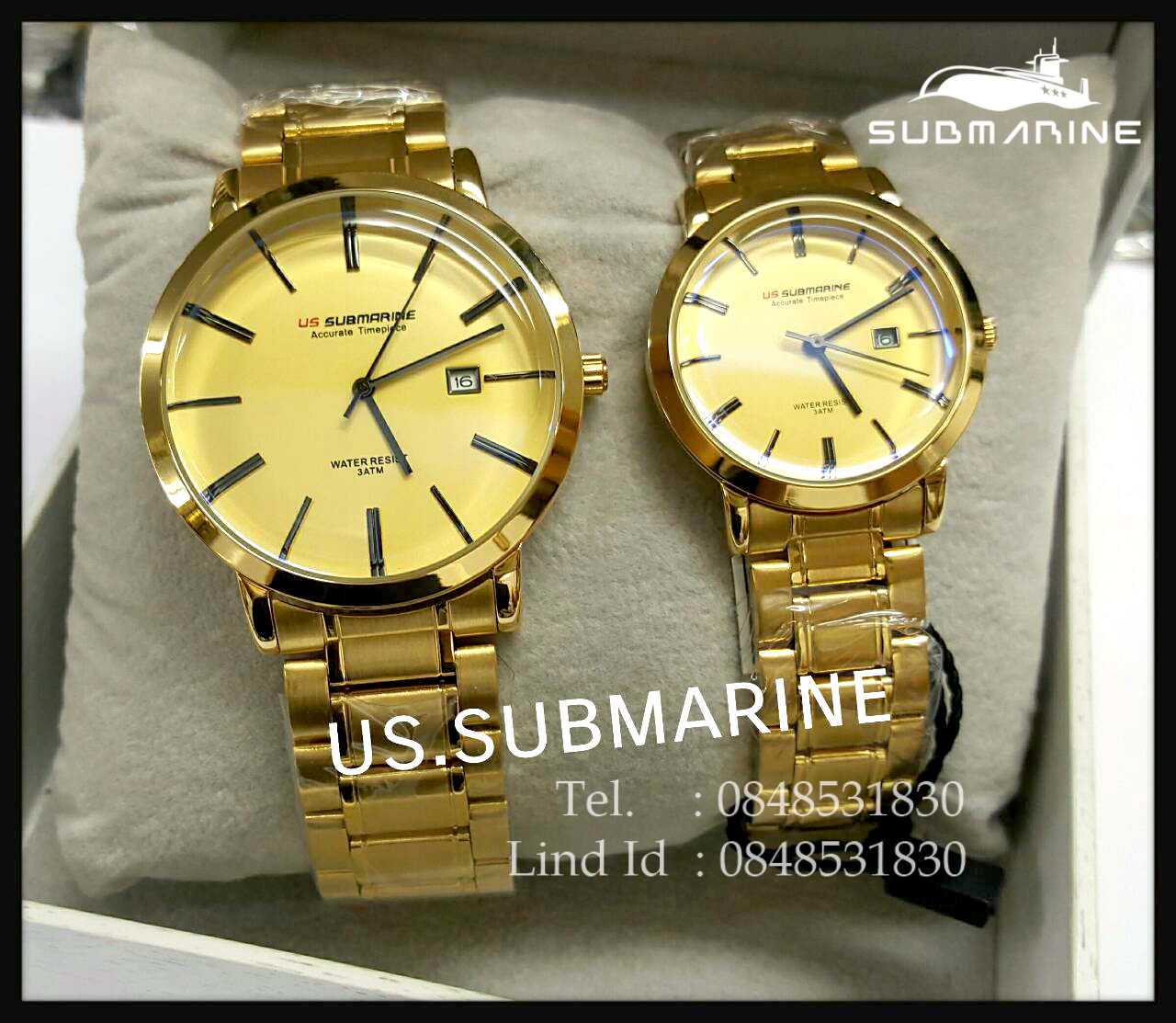 นาฬิกาคู่ US submarine รุ่น J117MD เรือนสีทองหน้าปัดสีทองแพคคู่