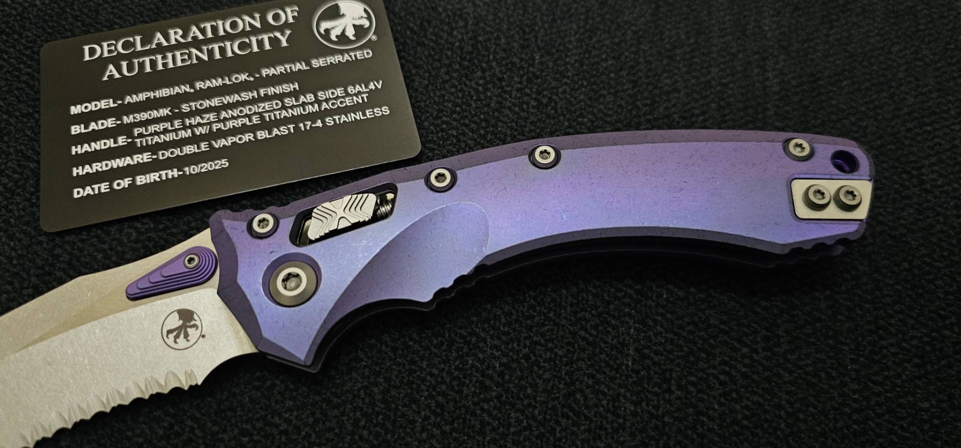 Microtech Marfione Select Amphibian RAM LOK Purple Haze Titanium Handles & Part Serrated Stonewash M390MK w/ Double Vapor Blast & Purple Accents