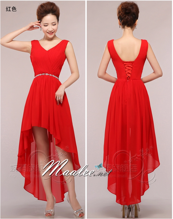 พร้อมส่ง ชุดราตรีสั้น แขนกุด หน้าสั้นหลังยาว สีแดง คาดเอวคริสตัล