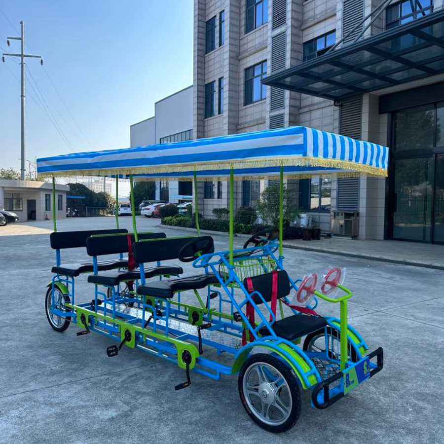 จักรยาน Surrey Bike 4 ล้อ 3 แถว 9 ที่นั่ง – Favorite FO-3 | กรอบเหล็กคาร์บอนหนา ทนสนิม สีสันสดใส | จักรยานปั่นกลุ่มสำหรับครอบครัวและท่องเที่ยว