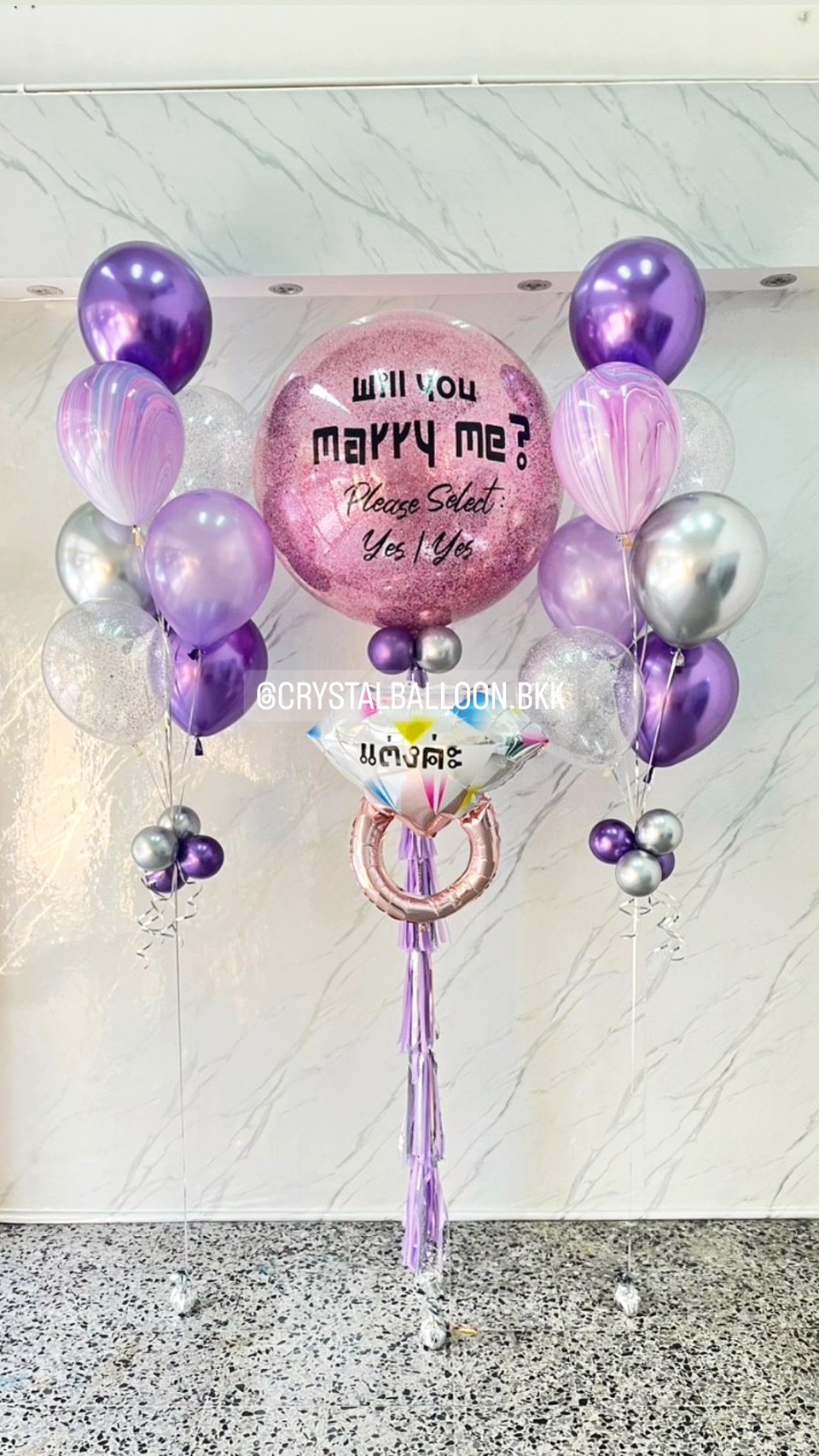 ลูกโป่ง Will You Marry Me? Bubble ขนาด 36" สีชมพู พร้อม ช่อลูกโป่ง 7 ลูก 2 ช่อ,ลูกโป่งใส ใส่กลิตเตอร์,ลูกโป่งลายหิน USA 2 ลูก พร้อมตกแต่ง ฟอยล์แหวนเดี่ยว 1 ชิ้น สามารถเปลี่ยนสีลูกโป่ง/เปลี่ยนข้อความ/เปลี่ยนขนาด/เปลี่ยนฟอยล์ตกแต่งได้