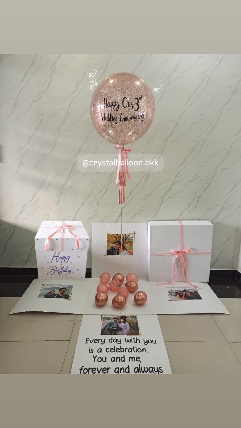 Happy Birthday Surprised Box กล่องเซอร์ไพรส์วันเกิด Bubble ขนาด 24" กลิตเตอร์โรสโกลด์ พร้อมตกแต่ง สามารถใส่รูปได้ 4 ใบ สามารถเปลี่ยนสีลูกโป่ง/เปลี่ยนข้อความได้