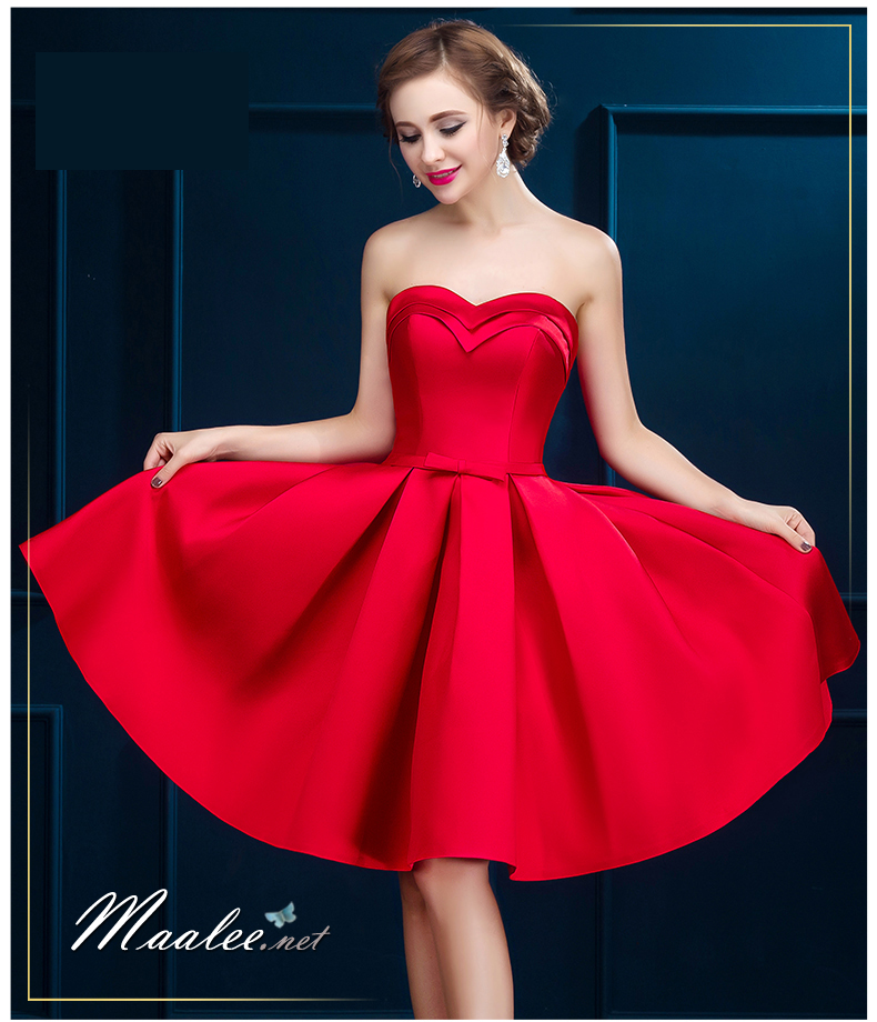 พร้อมส่ง ชุดราตรีสั้น เกาะอกแบบ Sweet Heart สไตล์วินเทจผ้าไหมดัชเชส กระโปรงทรงA แต่งโบว์ช่วงเอว สีแดง (เชือกผูกหลัง)