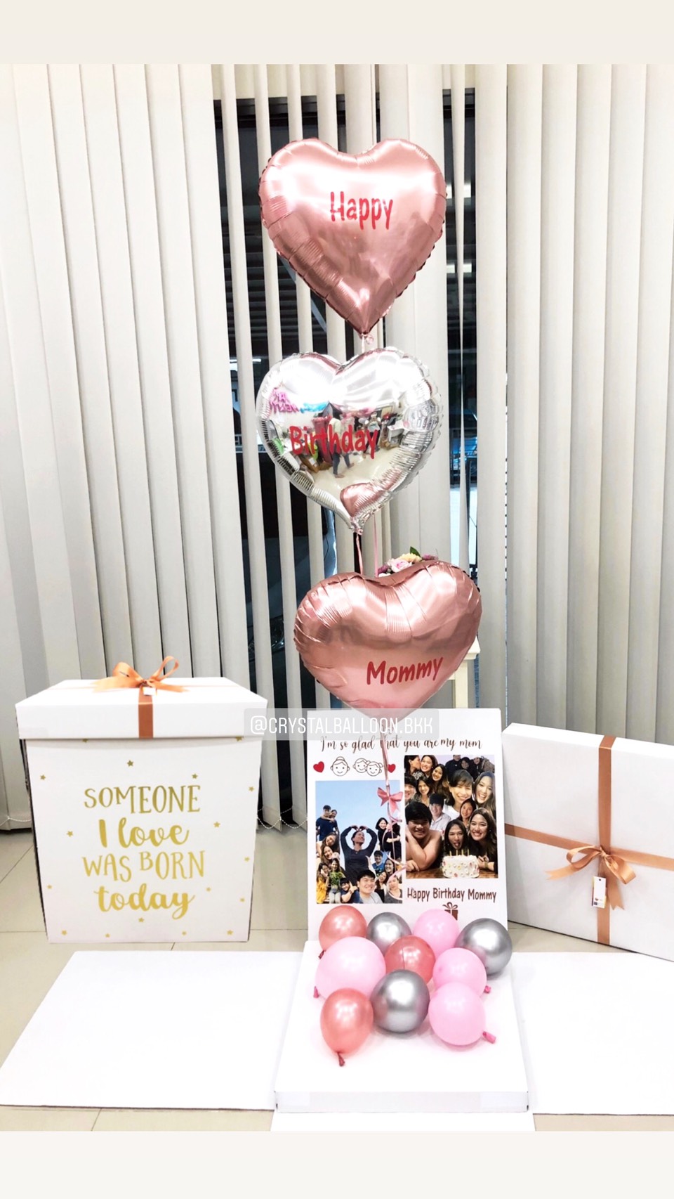Happy Birthday Surprise Box กล่องเซอร์ไพรส์วันเกิด ลูกโป่งฟอยล์หัวใจ ขนาด 18" 3 ชิ้น สีโรสโกล-สีเงิน พร้อมตกแต่ง สามารถใส่รูปได้ 2 ใบ สามารถเปลี่ยนสีลูกโป่ง/เปลี่ยนข้อความได้