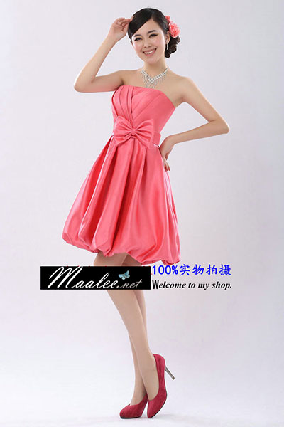 พร้อมส่ง ชุดราตรีสั้น เกาะอก สีชมพู โอโรส ทรงบอลลูน เรียบหรู จับจีบหน้าอก แต่งโบว์ที่เอว