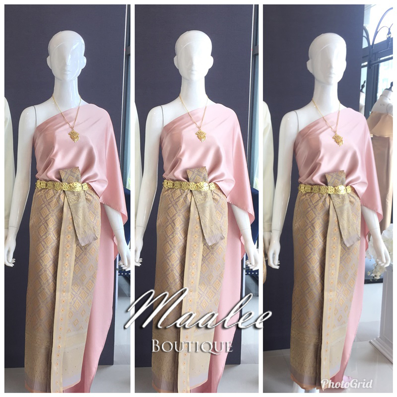 เช่า ชุดไทย ชุดเพื่อนเจ้าสาว ชุดไทยผ้าถุงทอง สไบเรียบ สีโรสโกล