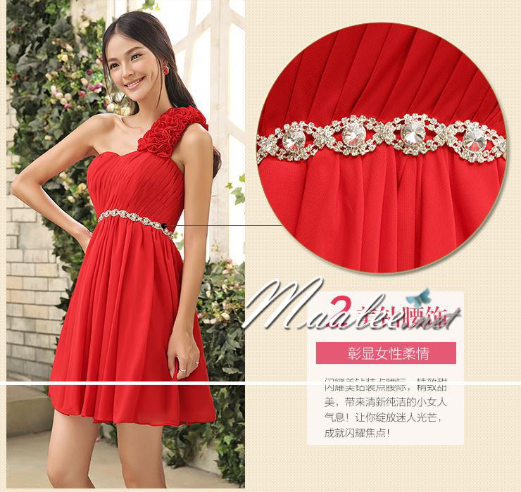 พร้อมเช่า ชุดราตรีสั้น ไหล่เดียว ช่วงอกจับจีบ เอวแต่งแผงคริสตัลหรู สีครีม Champagne