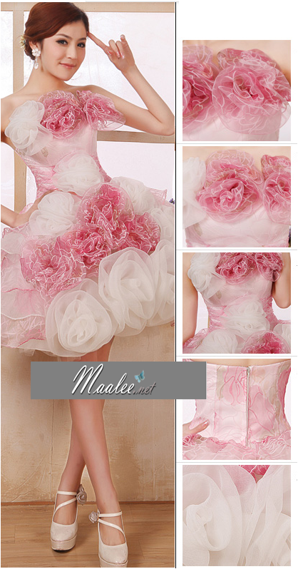 พร้อมเช่า ชุดแฟนซี เช่า 500 ชุดราตรีสั้น เกาะอก สีกุหลาบแต่งดอกไม้สามมิติ พองฟูน่ารักมาก