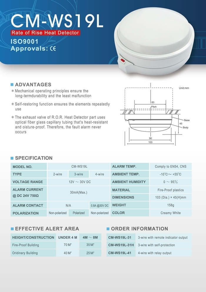 Rate of Rise Heat Detector (ตัวตรวจจับความร้อน) รุ่น CM-WS19L ยี่ห้อ CM