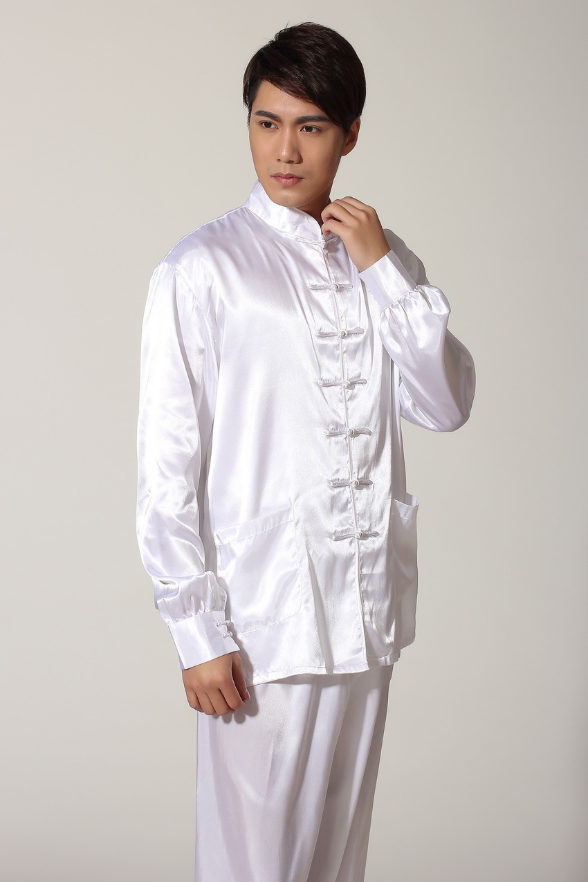 Preorder ชุดจีนชาย แขนยาวผ้าแพร สีขาว ขาจั๊ม