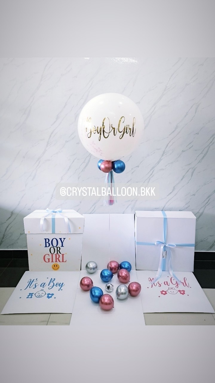 Surprise Box กล่องทายเพศ ลูกโป่งยาง ขนาด 24'' Theme สีน้ำเงิน-ชมพู พร้อมตกแต่ง สามารถใส่รูปได้ 4 รูป สามารถเปล่นสีลูกโป่ง/เปลี่ยนข้อความได้ค่ะ