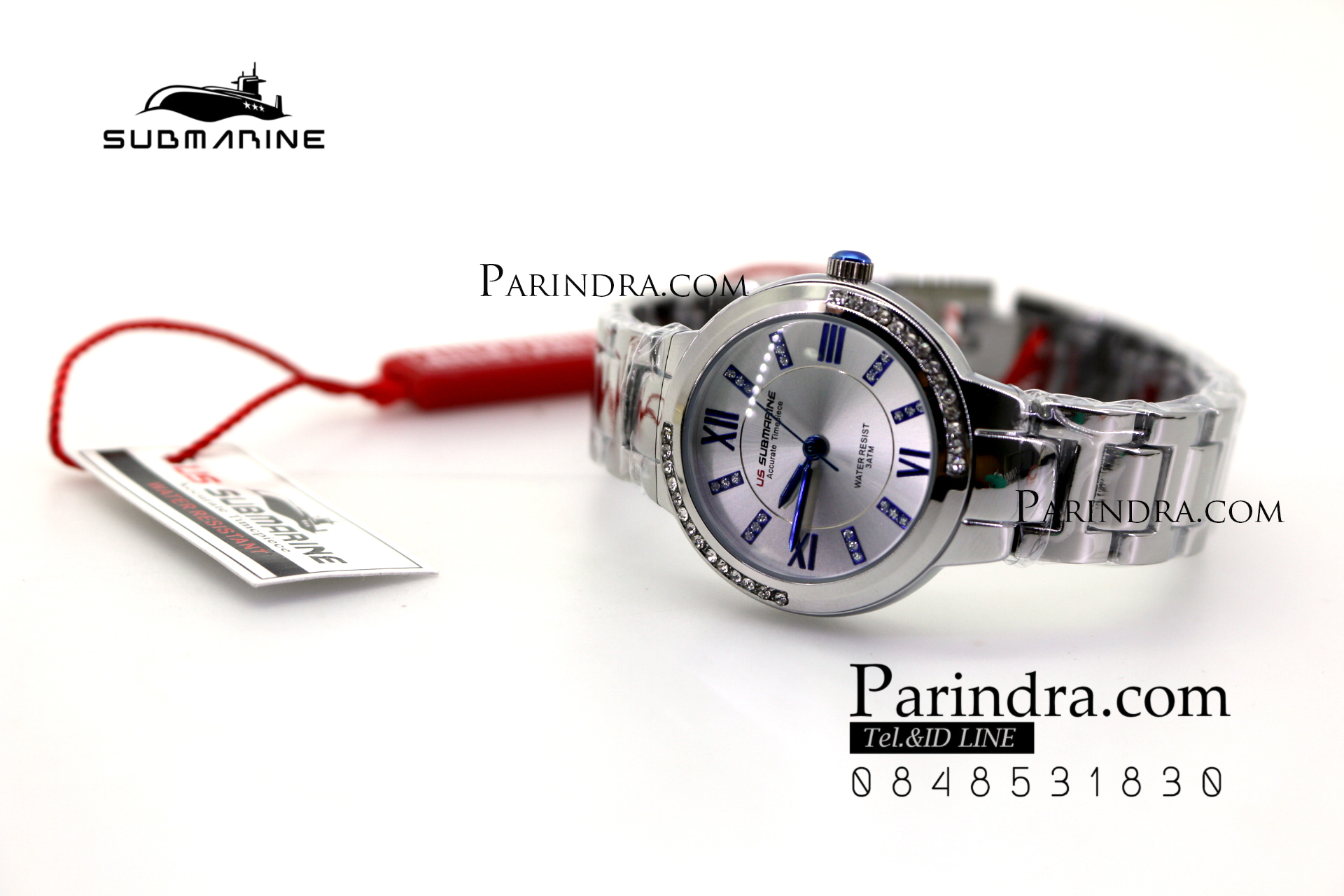 นาฬิกา US submarine รุ่น J120L กรอบหน้าปัดคริตตัล หน้าปัดสีขาวตัวเลขน้ำเงิน สายสแตนเลสสีเงินเงา