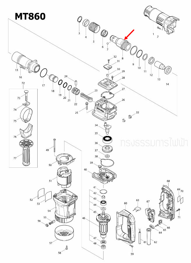 TOOL HOLDER สกัดไฟฟ้า Maktec มาคเทค , Makita มากีต้า MT860, M8600 [#8] Pn.326423-7 (แท้) ##