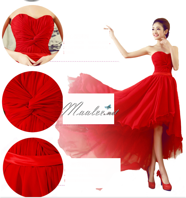 พร้อมเช่า ชุดราตรีสั้น เกาะอก หน้าสั้นหลังยาว คอจับเดรปรูปหัวใจ สีแดง