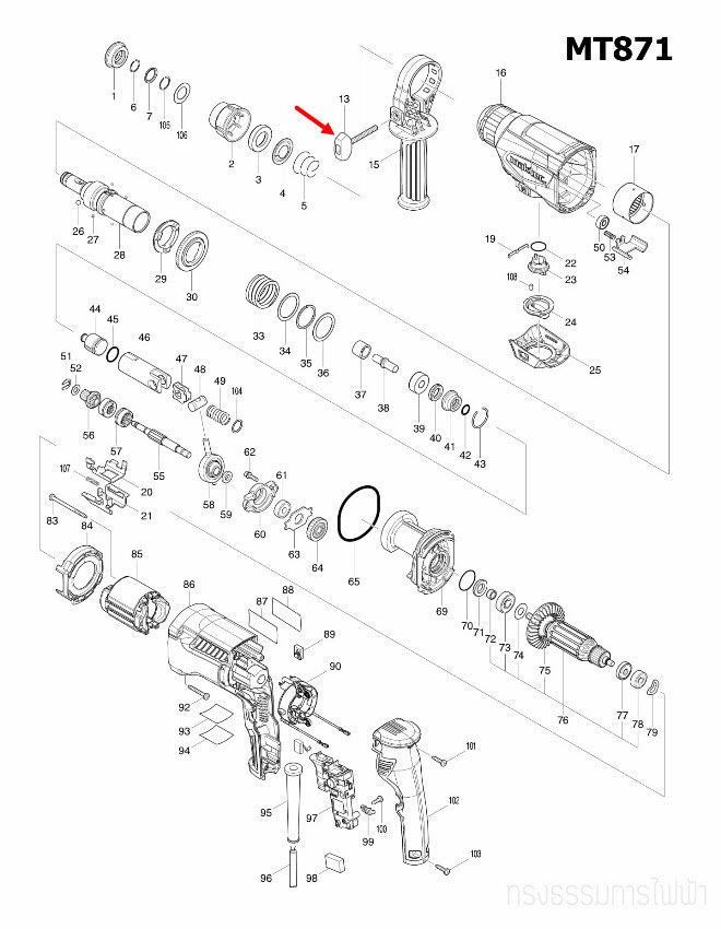 THUMB SCREW M6X52 สว่านโรตารี่ Maktec, Makita MT870, MT871, M8701, M8701B [#13] Pn.265795-4 (แท้) ##