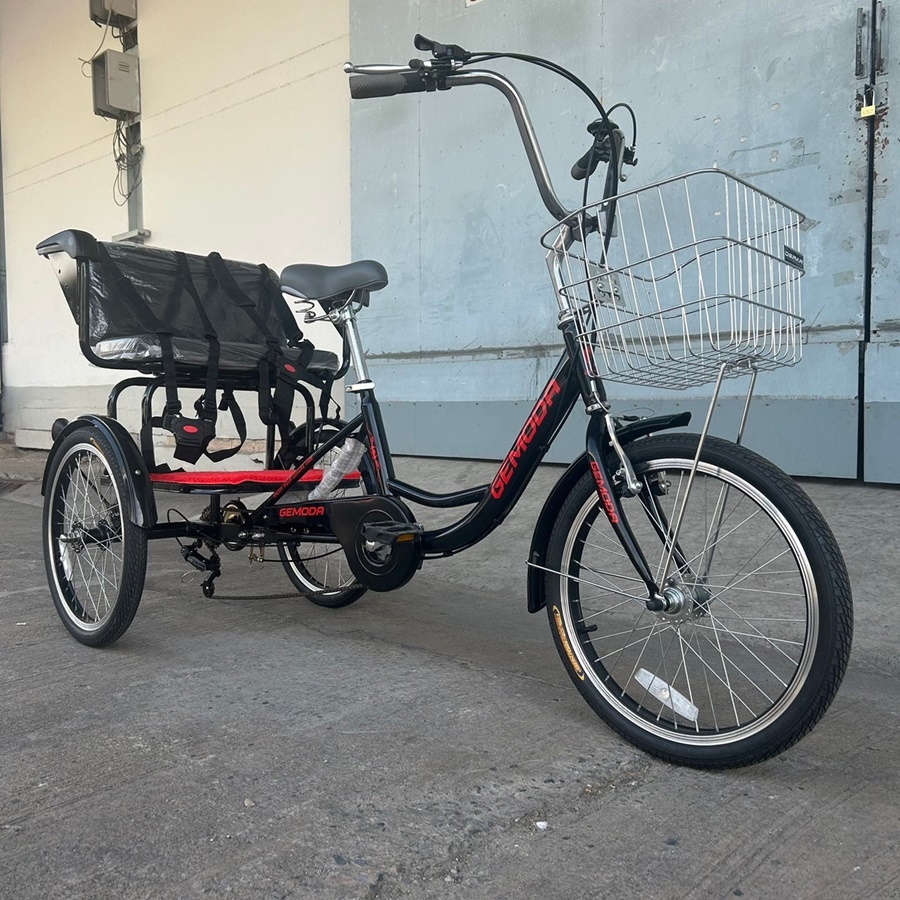 จักรยานสามล้อยี่ห้อ GEMODA ตะกร้าหน้าสแตนเลส ล้อ 20 นิ้ว มีที่นั่งด้านหลัง เกียร์ SHIMANO 6 SPEEDS รับน้ำหนักได้สูงสุด 200 กิโลกรัม