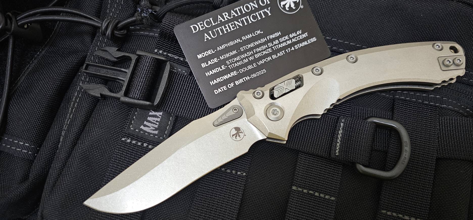 Microtech Amphibian Ram-Lok - Bronze Backspacer - Marfione Select - Stonewashed Titanium - Stonewash Blade