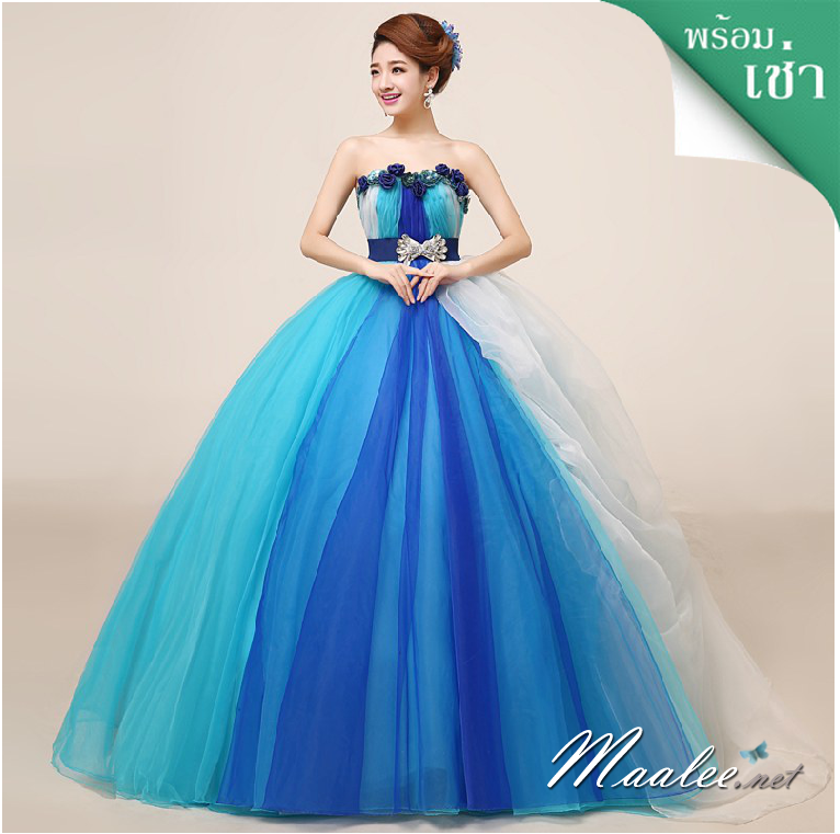 พร้อมเช่า ชุดแฟนซี ชุดราตรียาว สีฟ้า แบบเกาะอก แต่งดอกช่วงอก พร้อมเข็มขัด น่ารักมาก