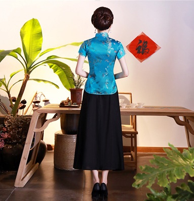 Pre-order เสื้อกี่เพ้า สีฟ้า ลายมังกรนกฟินิกซ์ ผ้าไหมจีน กุ๊นขอบ ตัดเย็บอย่างดี