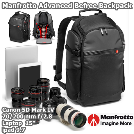 Manfrotto Advanced Befree Camera Backpack for DSLR/CSC/Drone กระเป๋าเป้ สำหรับกล้อง DSLR พร้อมใส่เลนส์ได้ 5-6 ชุด+ 70/200 mm f/2.8+ Laptop 15" +ipad 9.7 ประกันศูนย์