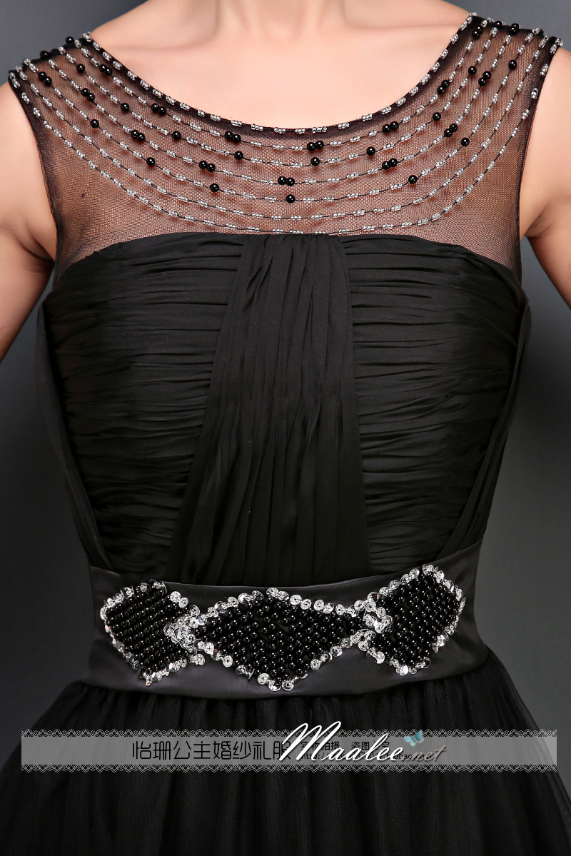 พร้อมเช่า ชุดราตรียาว สีดำ อกจับจีบผ้าชีฟอง สไตล์กรีก ช่วงคอแแต่งลูกปัดผ้าตาข่าย&กระโปรง เอวแต่งลูกปัดพร้อมเลื่อม