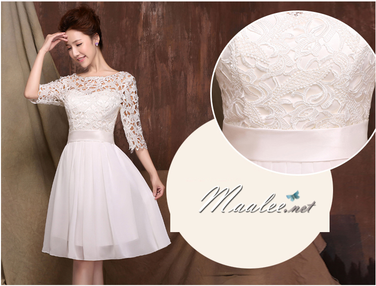 พร้อมเช่า ชุดราตรีสั้น สีครีม แขนสามส่วน ลูกไม้ฉลุ กระโปรงผ้าชีฟอง