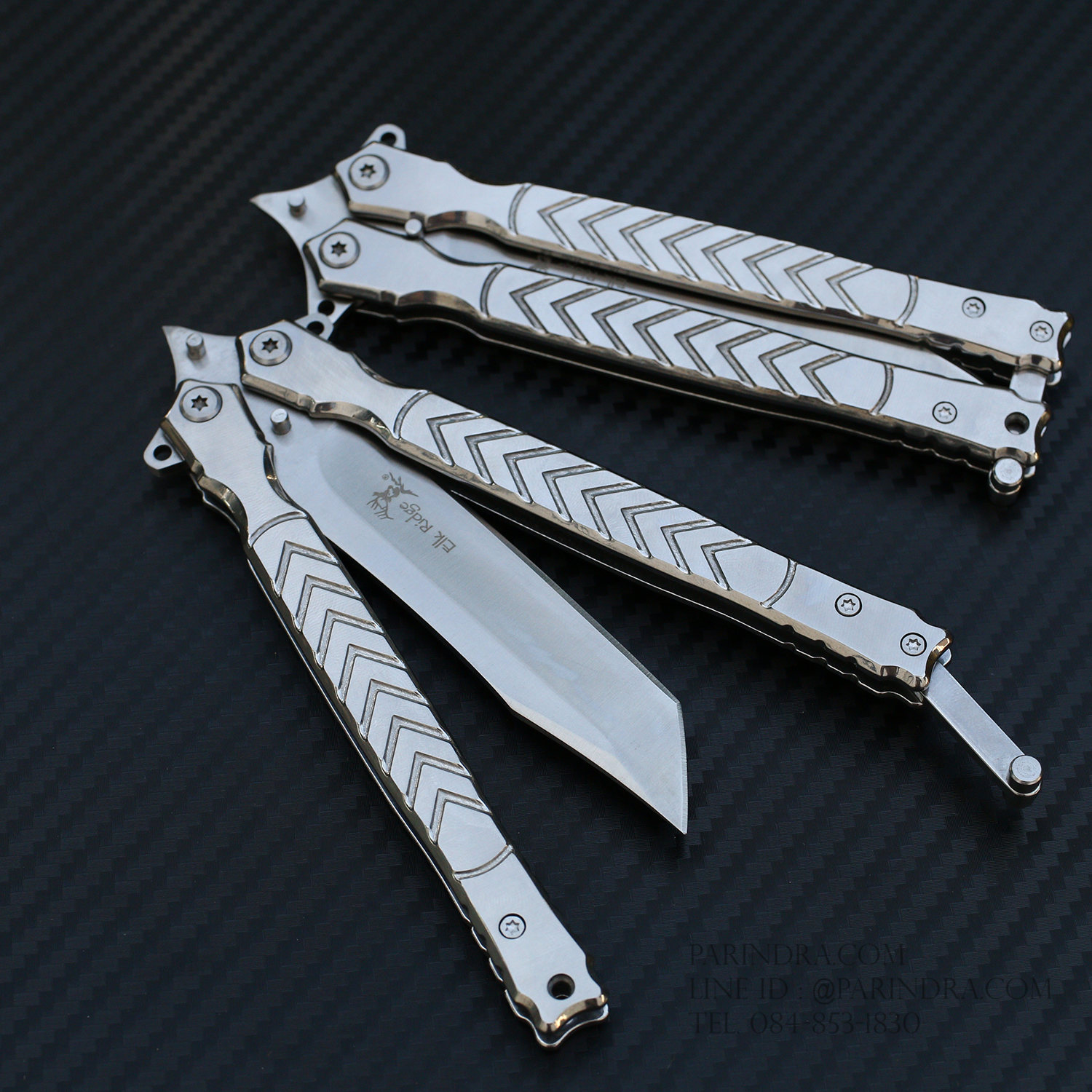 มีดปีกผีเสื้อ ลายหัวกวาง Elk Ridge สีเงิน ปลายทันโตะ